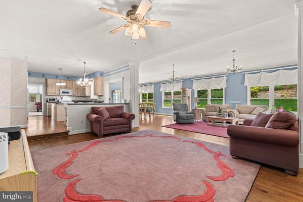 Chandelier, Interior, Kitchen, Living room, Pendant Lights, Stainless Steel Appliances, Wood Texture Flooring