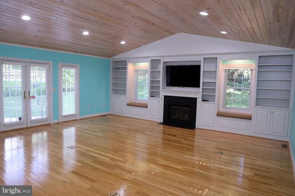 Empty room, Fireplace, Interior, Recessed Lighting, Wooden Ceilings, Wood Texture Flooring