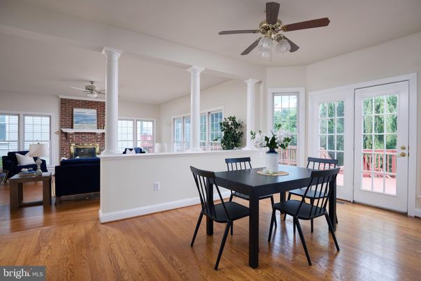 Dining room, Fireplace, Interior, Living room, Stone Walls, Wood Texture Flooring