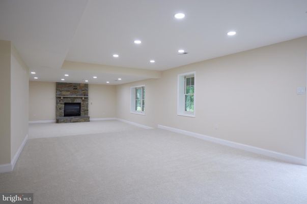 Empty room, Fireplace, Interior, Recessed Lighting, Stone Walls