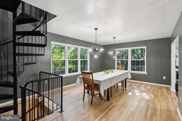 Dining room, Interior, Pendant Lights, Wood Texture Flooring