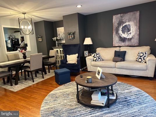 Dining room, Interior, Living room, Pendant Lights, Recessed Lighting, Wood Texture Flooring