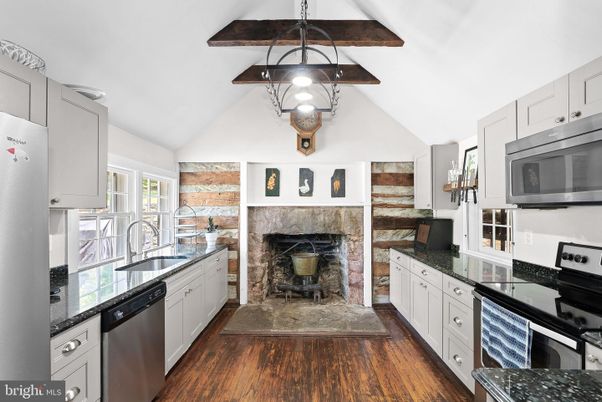 Fireplace, Interior, Kitchen, Stainless Steel Appliances, Wooden Beams, Wood Texture Flooring