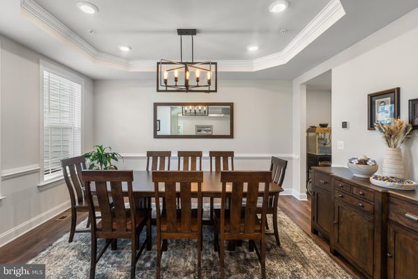 Dining room, Interior, Pendant Lights, Recessed Lighting, Wood Texture Flooring