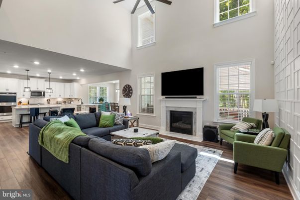 Fireplace, Interior, Kitchen, Living room, Pendant Lights, Recessed Lighting, Wood Texture Flooring