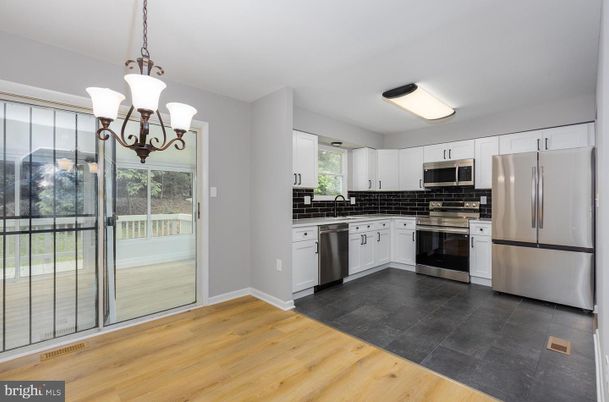 Chandelier, Interior, Kitchen, Stainless Steel Appliances, Wood Texture Flooring