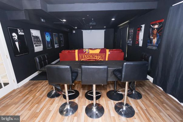 Interior, Projection Screen, Recessed Lighting, Theatre Room, Wood Texture Flooring