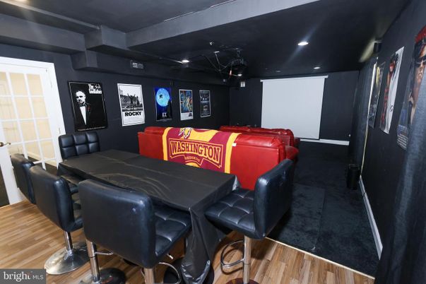 Dining room, Interior, Projection Screen, Recessed Lighting, Theatre Room, Wood Texture Flooring