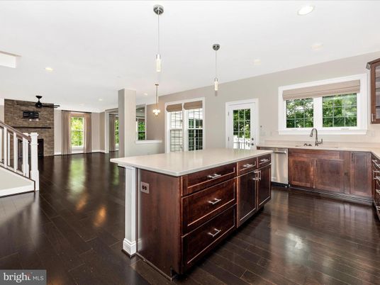 Interior, Kitchen, Pendant Lights, Recessed Lighting, Stone Walls, Wood Texture Flooring