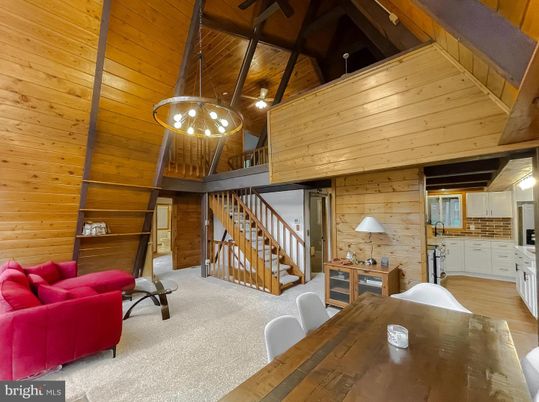 Dining room, Interior, Living room, Pendant Lights, Wooden Beams, Wooden Ceilings, Wood Texture Flooring, Wooden Walls