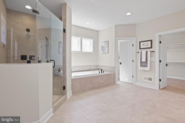 Bathroom, Glass Shower, Interior, Recessed Lighting, Wood Texture Flooring