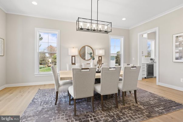 Chandelier, Dining room, Interior, Pendant Lights, Recessed Lighting, Wood Texture Flooring
