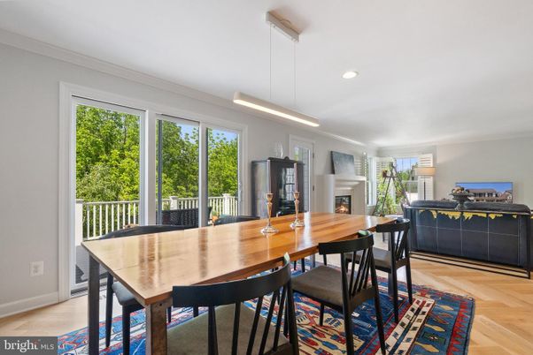 Dining room, Fireplace, Interior, Pendant Lights, Recessed Lighting, Wood Texture Flooring