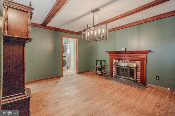 Empty room, Fireplace, Interior, Pendant Lights, Wooden Beams, Wood Texture Flooring