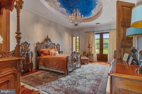 Bedroom, Chandelier, Interior, Recessed Lighting, Wood Texture Flooring