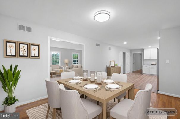 Dining room, Interior, Recessed Lighting, Wood Texture Flooring