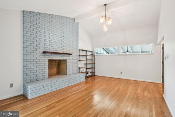 Empty room, Fireplace, Interior, Pendant Lights, Wood Texture Flooring