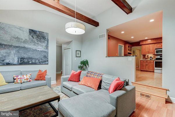 Interior, Kitchen, Living room, Pendant Lights, Recessed Lighting, Stainless Steel Appliances, Wooden Beams, Wood Texture Flooring