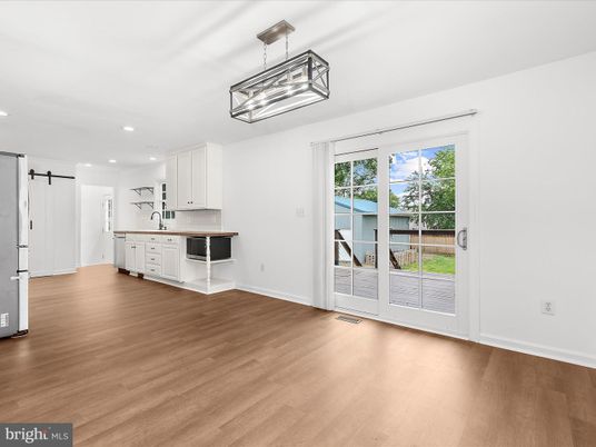 Empty room, Interior, Kitchen, Pendant Lights, Recessed Lighting, Wood Texture Flooring