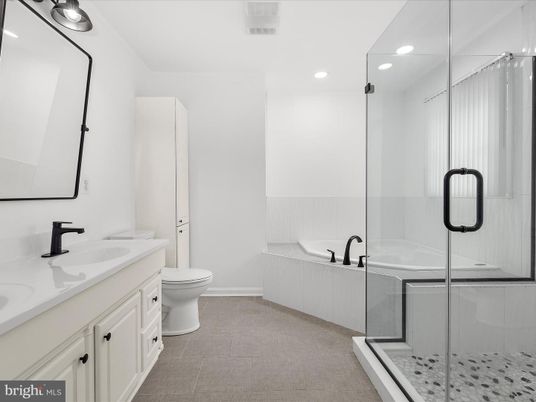 Bathroom, Dual Sink Vanities, Glass Shower, Interior, Recessed Lighting
