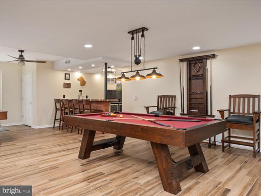 Billiard Table, Game Room, Interior, Pendant Lights, Recessed Lighting, Wood Texture Flooring