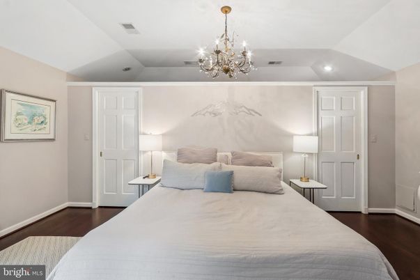 Bedroom, Chandelier, Interior, Recessed Lighting, Wood Texture Flooring