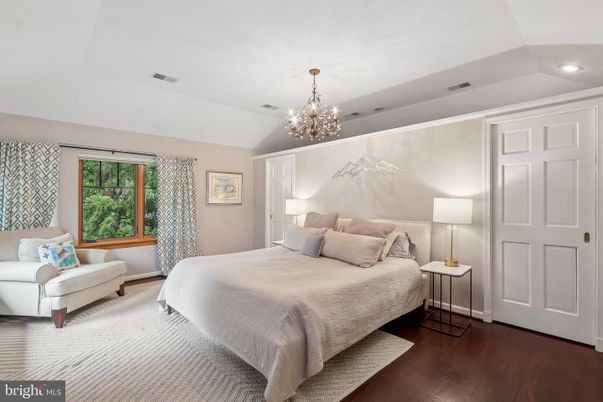 Bedroom, Chandelier, Interior, Recessed Lighting, Wood Texture Flooring