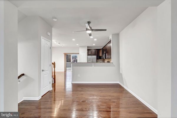 Empty room, Interior, Kitchen, Recessed Lighting, Wood Texture Flooring