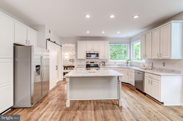 Interior, Kitchen, Recessed Lighting, Stainless Steel Appliances, Wood Texture Flooring