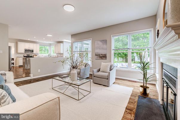 Fireplace, Interior, Kitchen, Living room, Recessed Lighting, Stainless Steel Appliances, Wood Texture Flooring