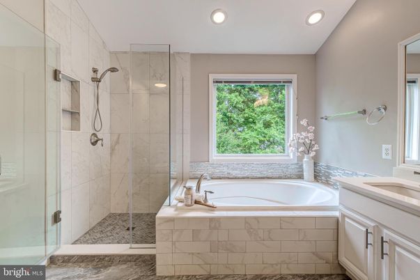 Bathroom, Glass Shower, Interior, Marble Walls, Recessed Lighting
