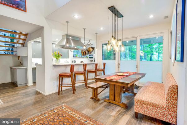 Dining room, Interior, Kitchen, Pendant Lights, Recessed Lighting, Wood Texture Flooring