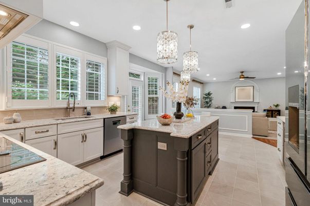 Fireplace, Interior, Kitchen, Pendant Lights, Recessed Lighting, Stainless Steel Appliances