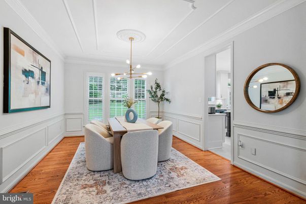 Dining room, Interior, Pendant Lights, Wood Texture Flooring