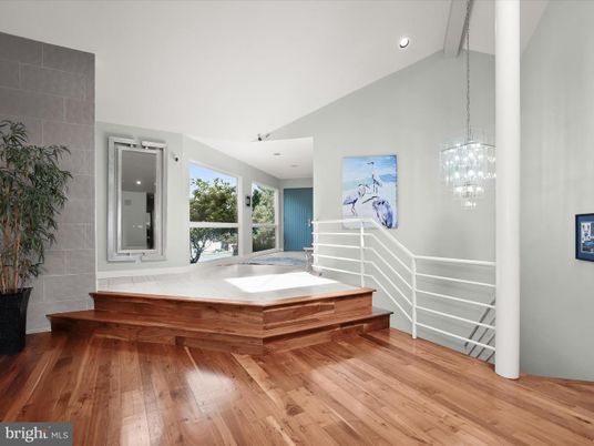 Bathroom, Chandelier, Interior, Pendant Lights, Recessed Lighting, Wood Texture Flooring