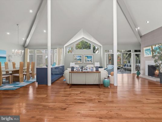 Chandelier, Dining room, Fireplace, Interior, Living room, Recessed Lighting, Wood Texture Flooring