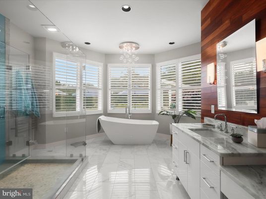 Bathroom, Dual Sink Vanities, Free Standing Baths, Glass Shower, Interior, Marble, Recessed Lighting