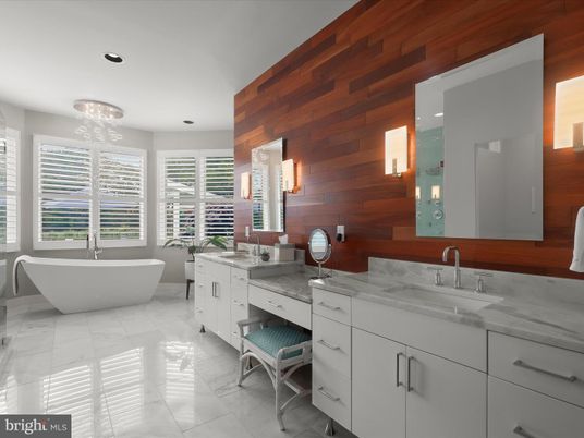 Bathroom, Dual Sink Vanities, Free Standing Baths, Interior, Marble, Recessed Lighting, Wooden Walls
