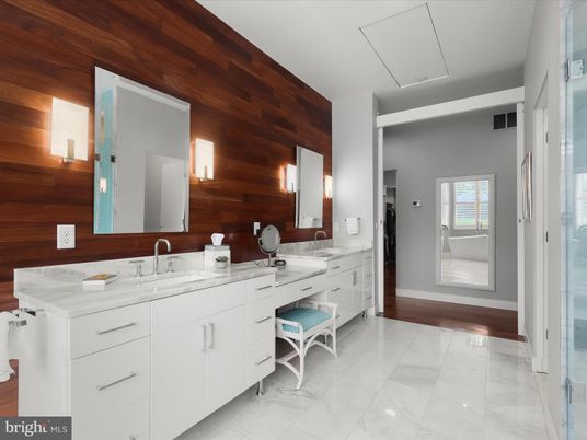 Bathroom, Dual Sink Vanities, Interior, Marble, Wooden Walls
