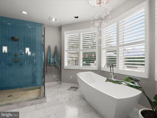 Bathroom, Free Standing Baths, Glass Shower, Interior, Marble, Recessed Lighting