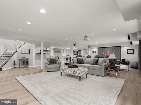 Interior, Living room, Projection Screen, Recessed Lighting, Wood Texture Flooring