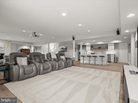 Home Theatre Room, Interior, Kitchen, Living room, Recessed Lighting, Theatre Room, Wood Texture Flooring