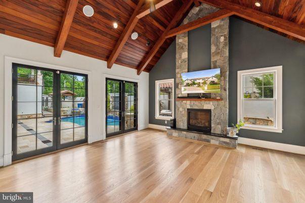Empty room, Fireplace, Interior, Recessed Lighting, Wooden Beams, Wooden Ceilings, Wood Texture Flooring