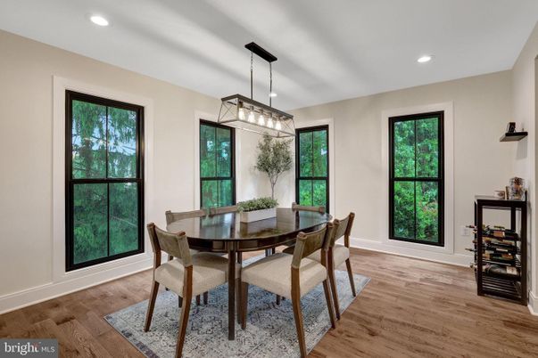 Dining room, Interior, Pendant Lights, Recessed Lighting, Wood Texture Flooring