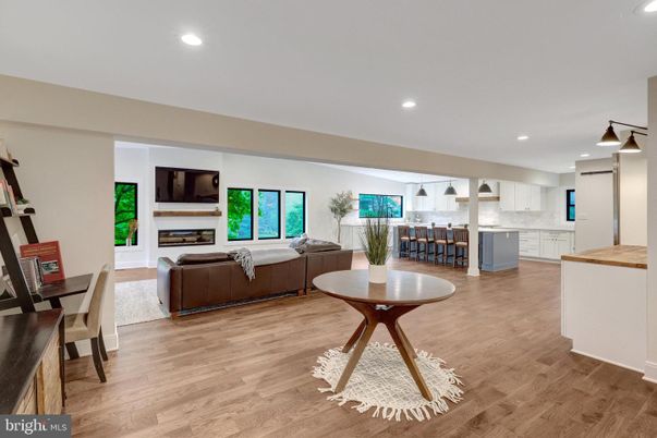 Dining room, Fireplace, Interior, Kitchen, Living room, Pendant Lights, Recessed Lighting, Wood Texture Flooring