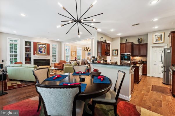 Dining room, Fireplace, Interior, Kitchen, Living room, Pendant Lights, Recessed Lighting, Wood Texture Flooring