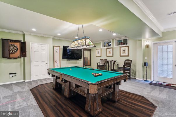 Billiard Table, Game Room, Interior, Pendant Lights, Recessed Lighting, Wood Texture Flooring