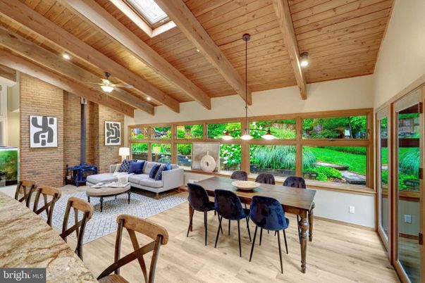 Dining room, Interior, Living room, Recessed Lighting, Stone Walls, Wooden Beams, Wooden Ceilings, Wood Texture Flooring