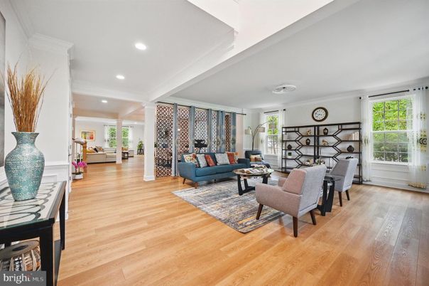 Dining room, Interior, Living room, Recessed Lighting, Wood Texture Flooring