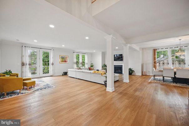 Dining room, Fireplace, Interior, Living room, Pendant Lights, Recessed Lighting, Wood Texture Flooring